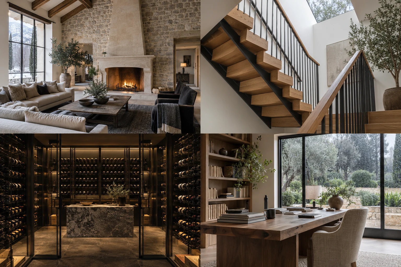 Concept: A limestone fireplace set into a stone wall beneath timber beams.