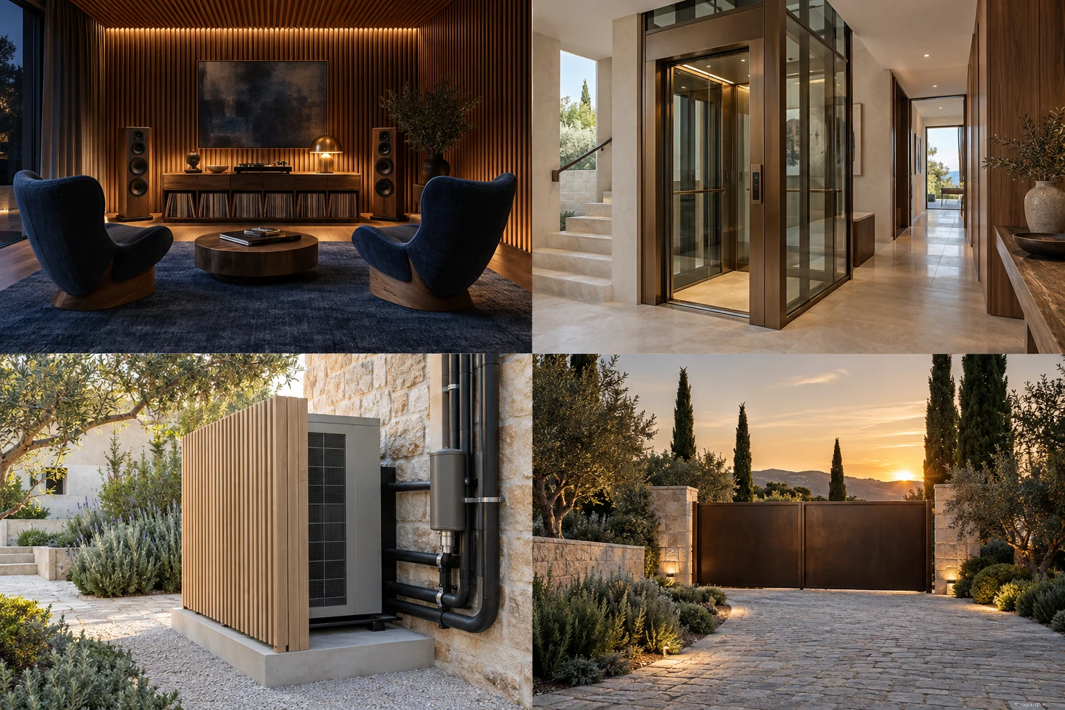 Concept: A heat-pump installation discreetly screened beside a stone service courtyard.