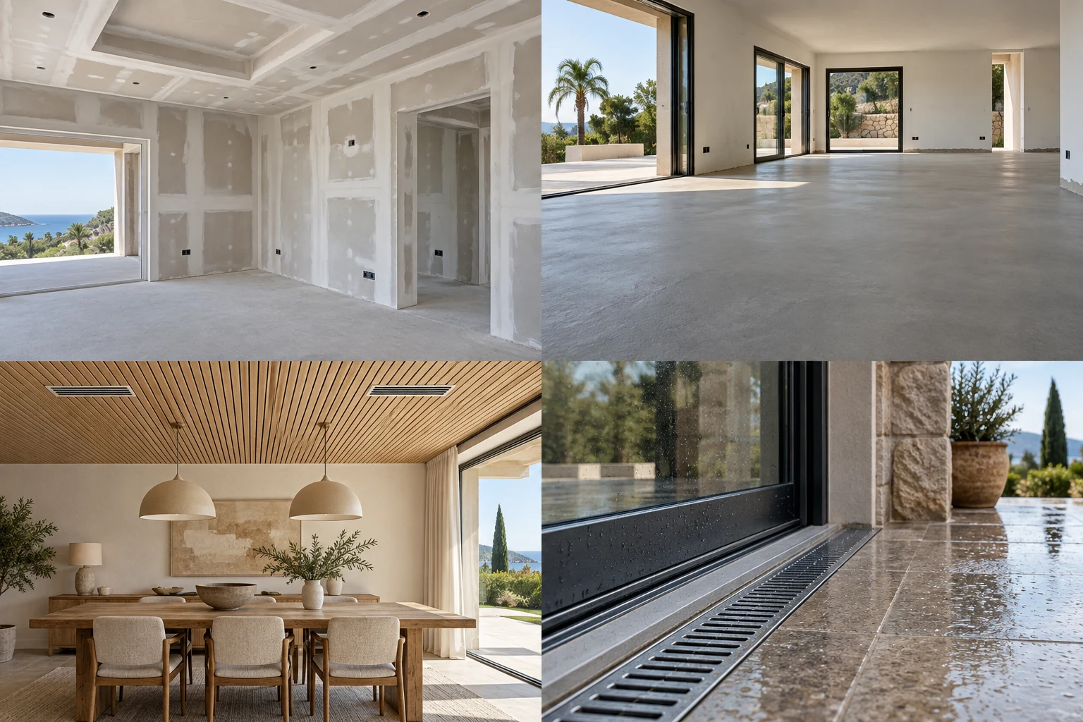 Concept: Plasterboard partitions and a recessed ceiling with visible joint preparation before painting.