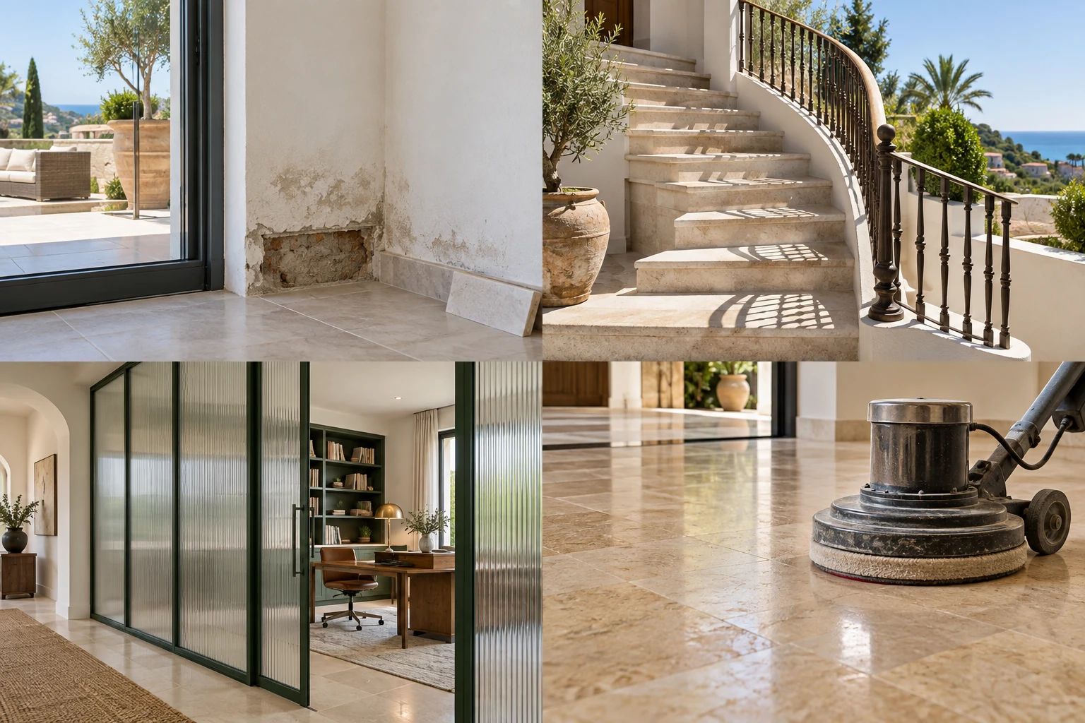 Concept: A localised damp patch with a small exposed inspection area beside a terrace doorway.