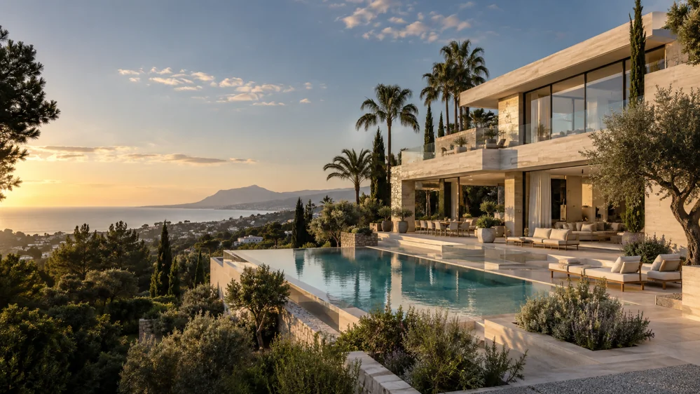 Conceptbeeld van een luxe mediterrane villa met infinityzwembad