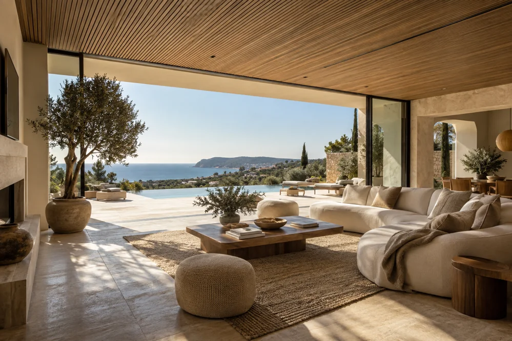 Conceptinterieur met walnoten plafond en uitzicht op tuin en zee