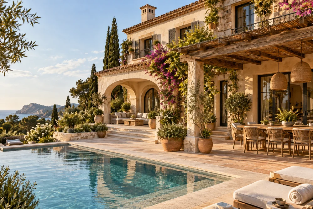 Concept van een Andalusische villa met pergola, tuin en zwembad